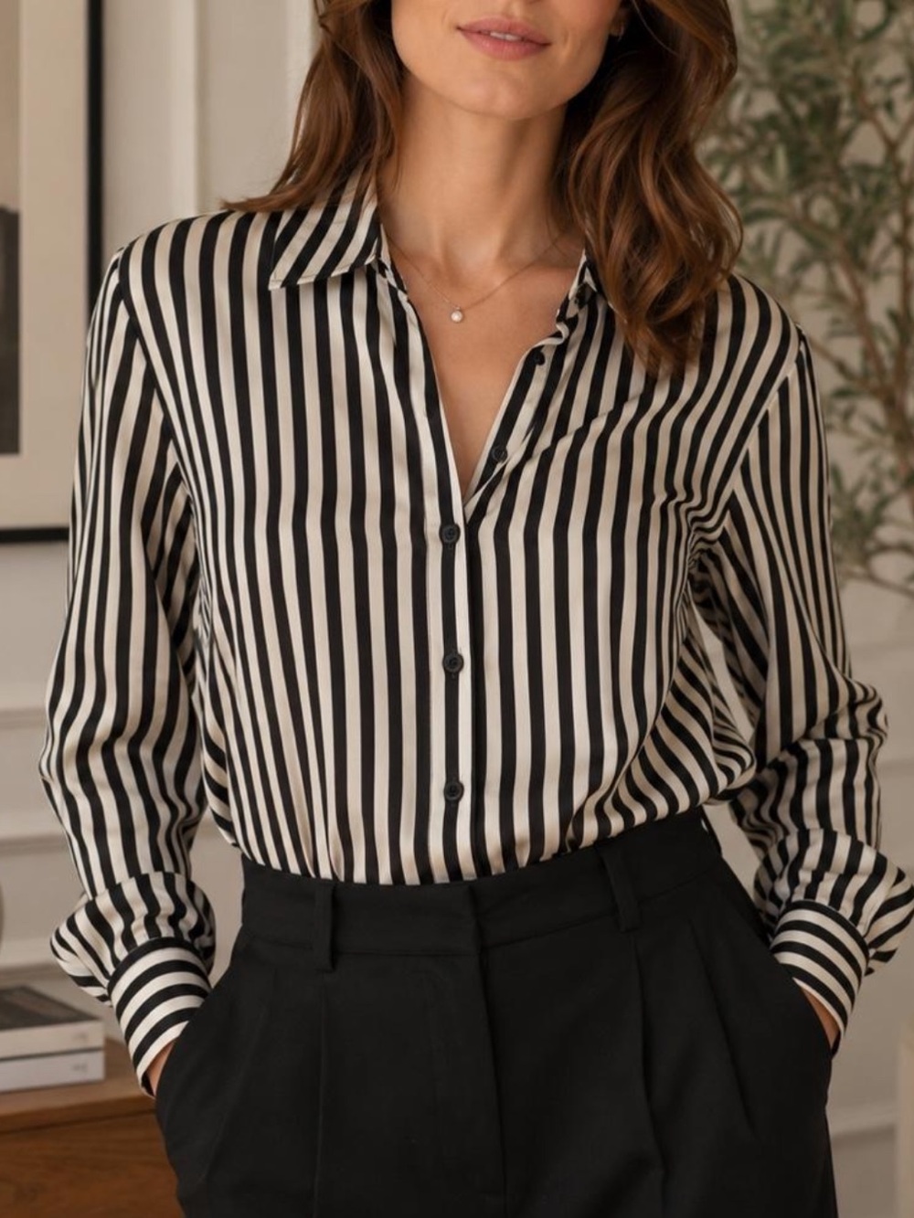 H&M Black and White Striped Satin Blouse